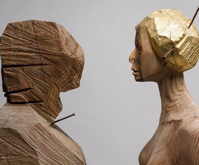steadydiet 5 | due oggetti scultorei in legno di larice, tre chiodi e foglia d'ottone | 120 cm | 2013